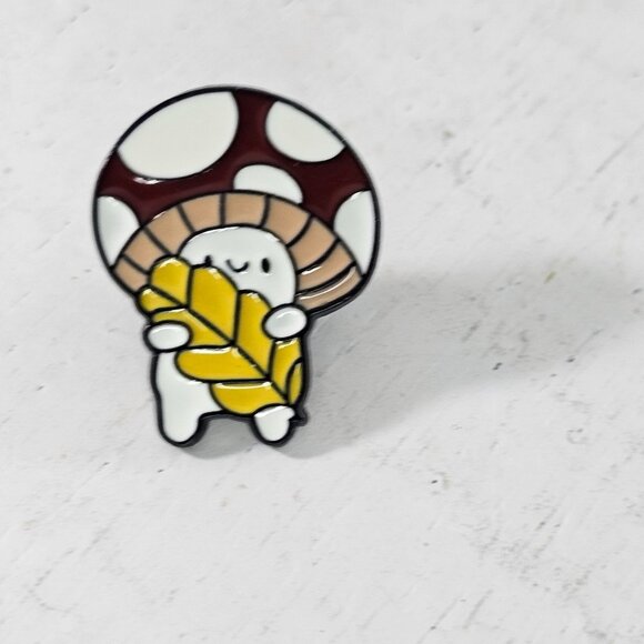 Mushroom Character Enamel Pin Holding Leaf Quirky Fantasy Woodland Creature - Picture 6 of 8